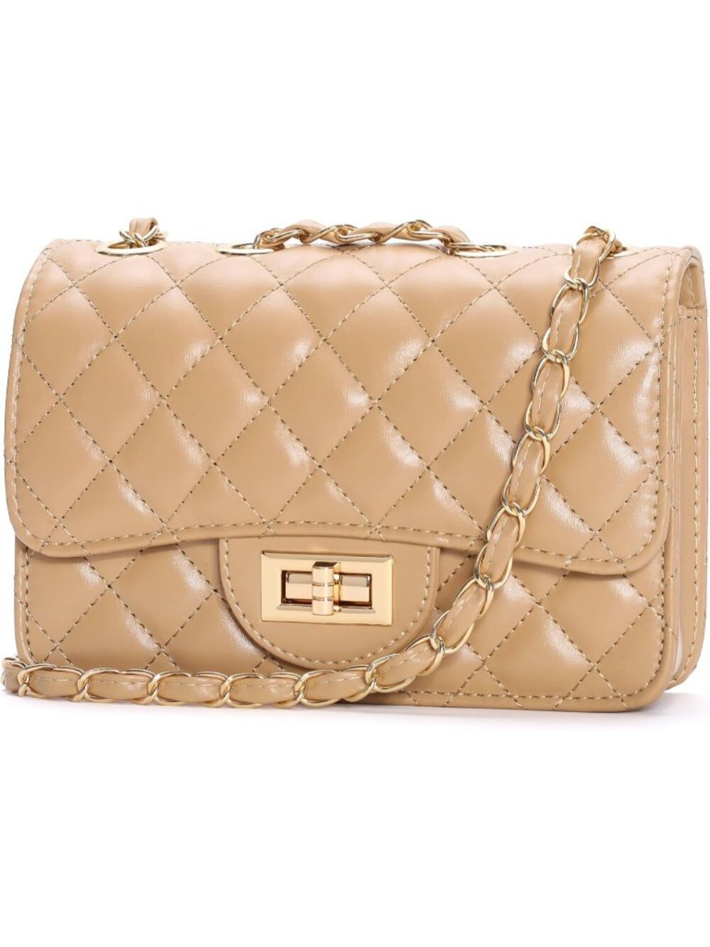 Women's Apricot Tan PU Leather Satchel Small Quilted Purse Chain Crossbody Bags